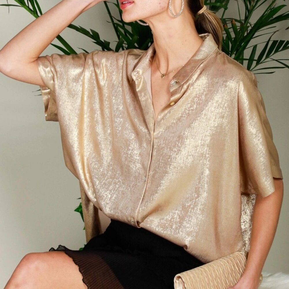 Gold Collared Neck Button Down Metallic Woven Top